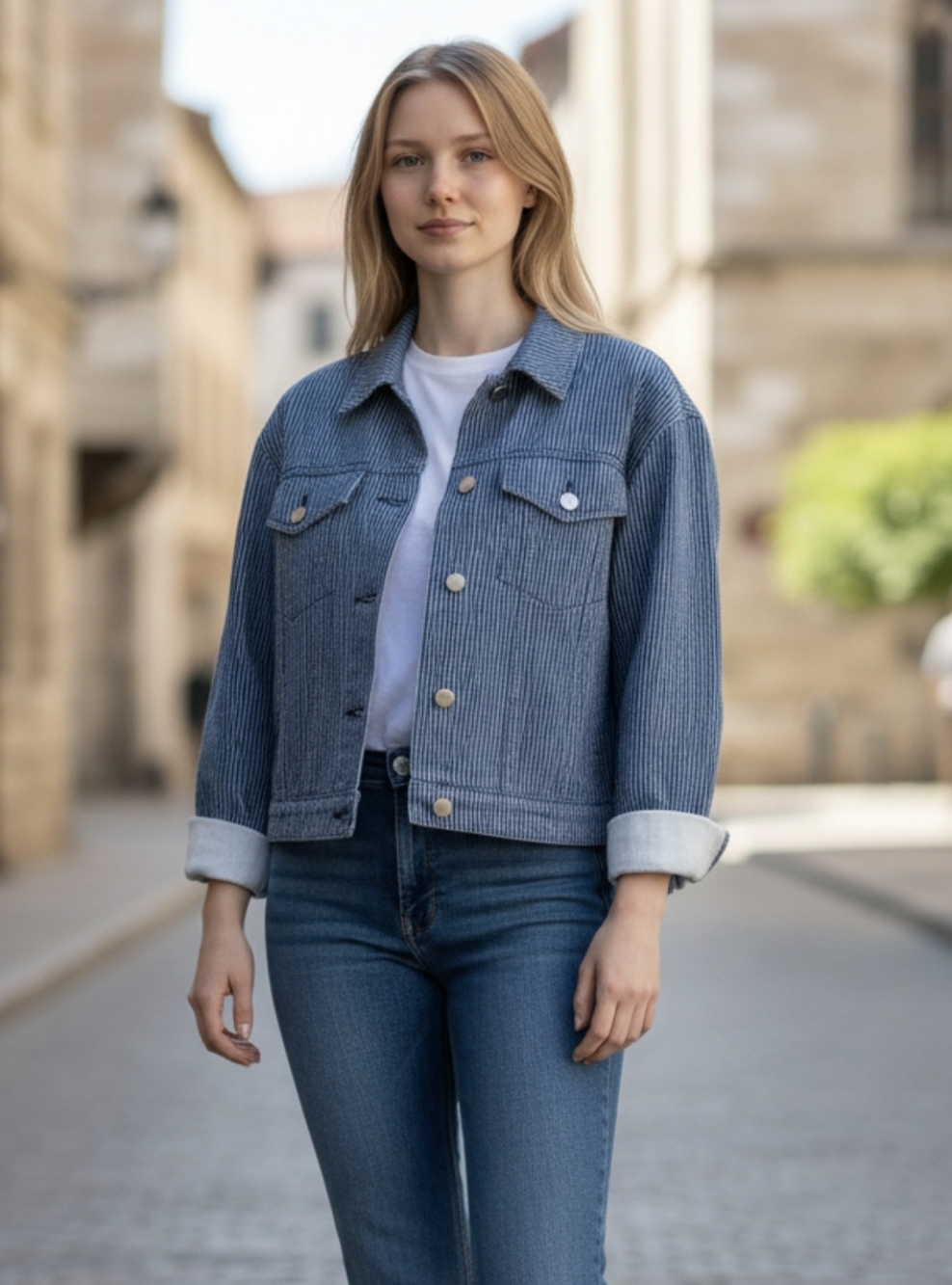Stoosh Blue Striped Denim Jacket Crooped